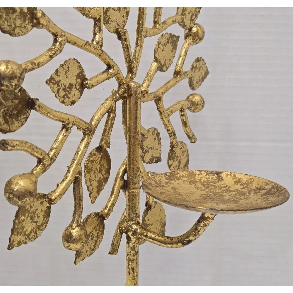 Pair of Intricate Vintage Gold Metal Tree of Life Candle Holders - Read Descrip